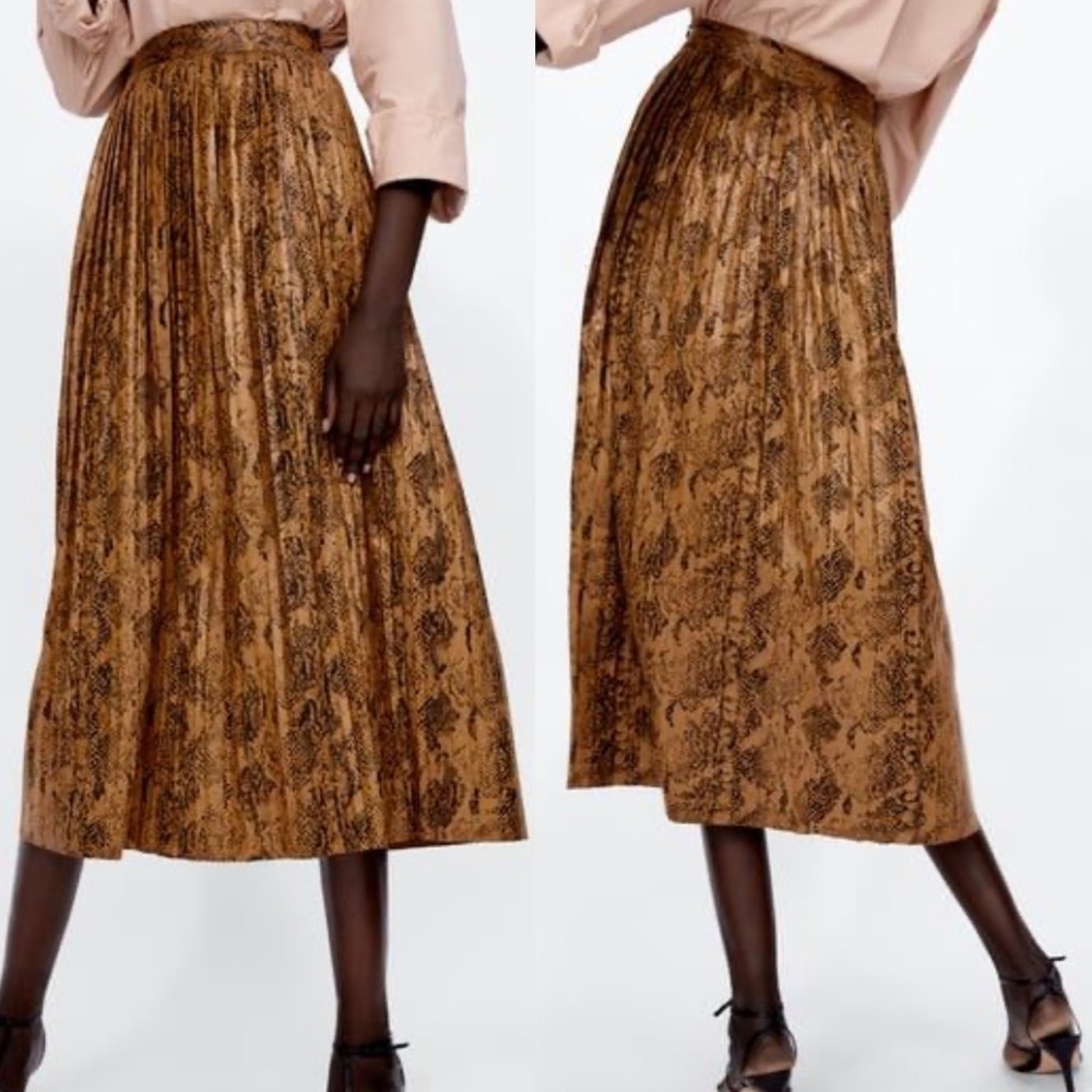 Zara Snakeskin Pleated Midi Skirt